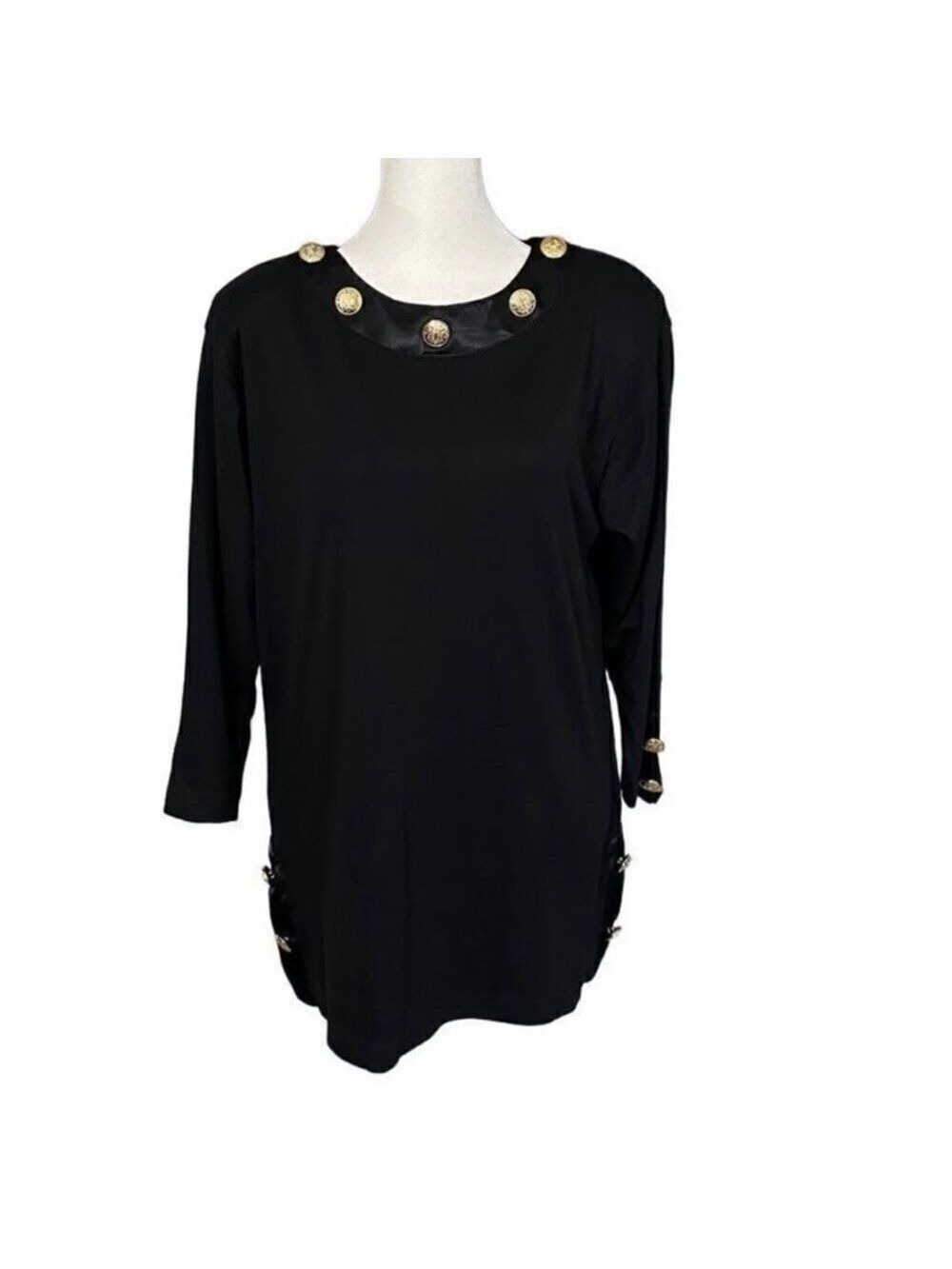 Ivana Vintage Black & Gold Button Detail 3/4 Sleeve Split Hem Blouse Sz Medium